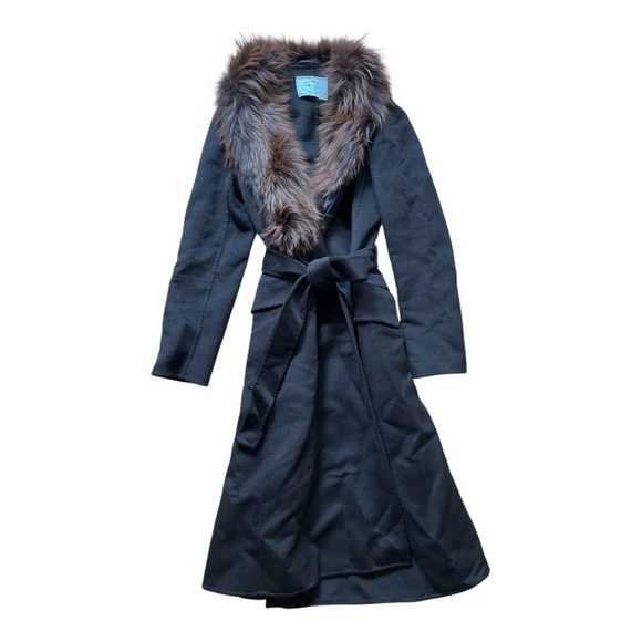 Prada Black Wool Wrap Coat with Fox Collar Size 46 (US Size 10) - Picture 10 of 16